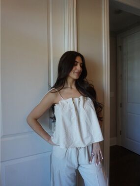 Cream Tie-Shoulder Linen Blend Tank Pearl